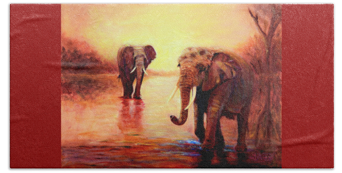 African Elephants Beach Towel featuring the painting African Elephants at Sunset in the Serengeti by Sher Nasser