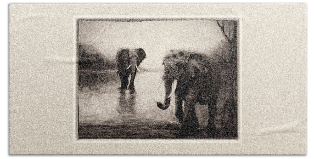 African Elephants Beach Towel featuring the painting African Elephants at Sunset by Sher Nasser