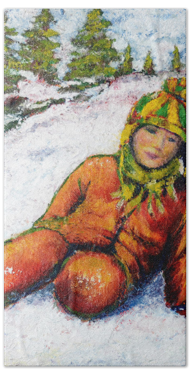 Snow Beach Towel featuring the painting After playing in the snow by Elaine Berger