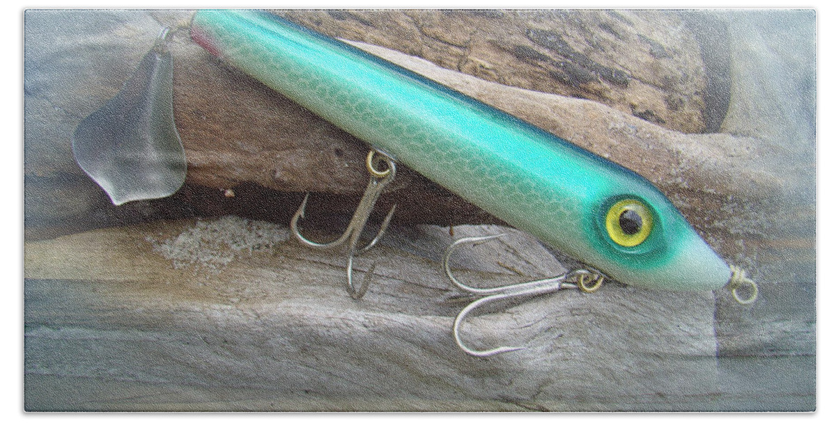 Fishing Beach Towel featuring the photograph AJS Green Serpent Flaptail Saltwater Lure by Carol Senske