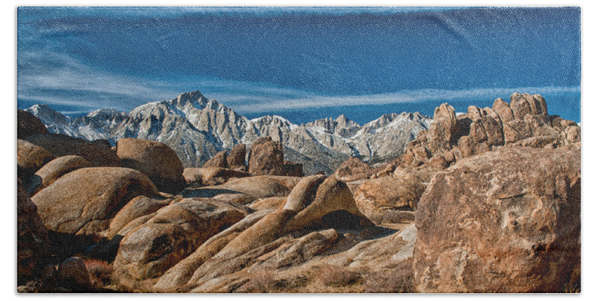 Rocks Beach Sheet featuring the photograph Alabama Hills and Mt. Whitney by Cat Connor
