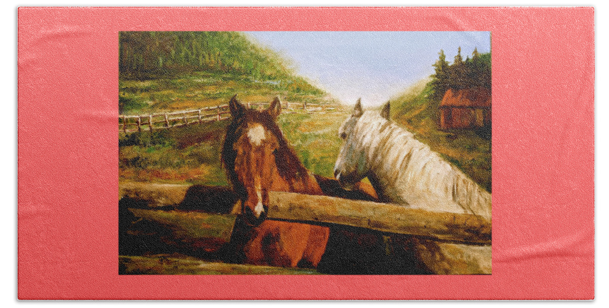 Horses Beach Towel featuring the painting Alberta Horse Farm by Sher Nasser