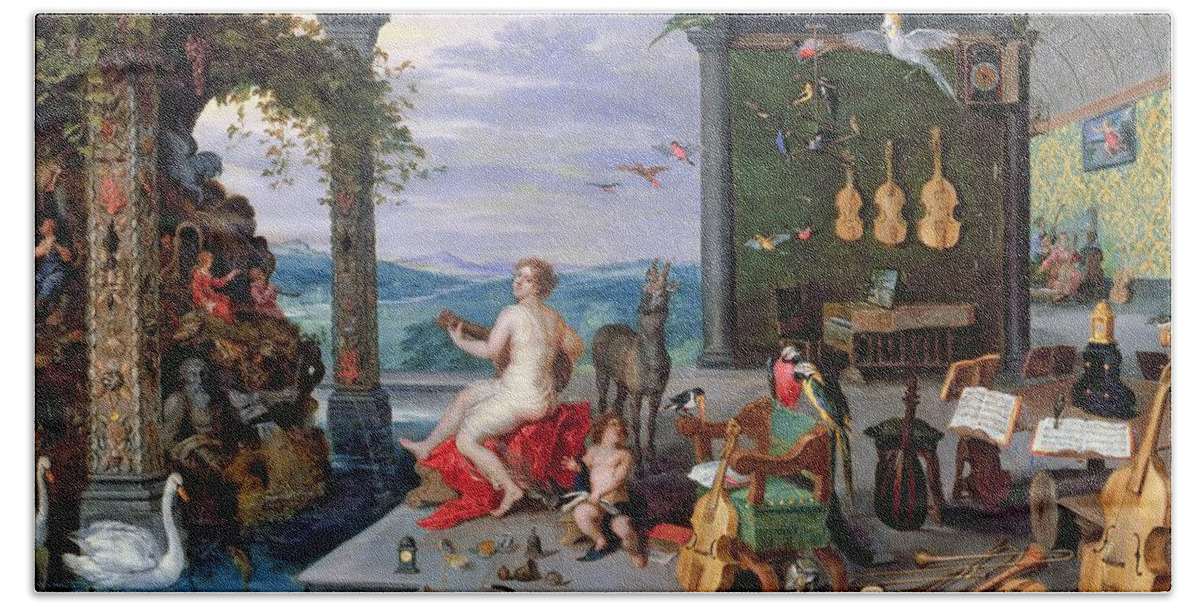 C16th Beach Sheet featuring the photograph Allegory Of Music Oil On Canvas by Jan the Elder Brueghel