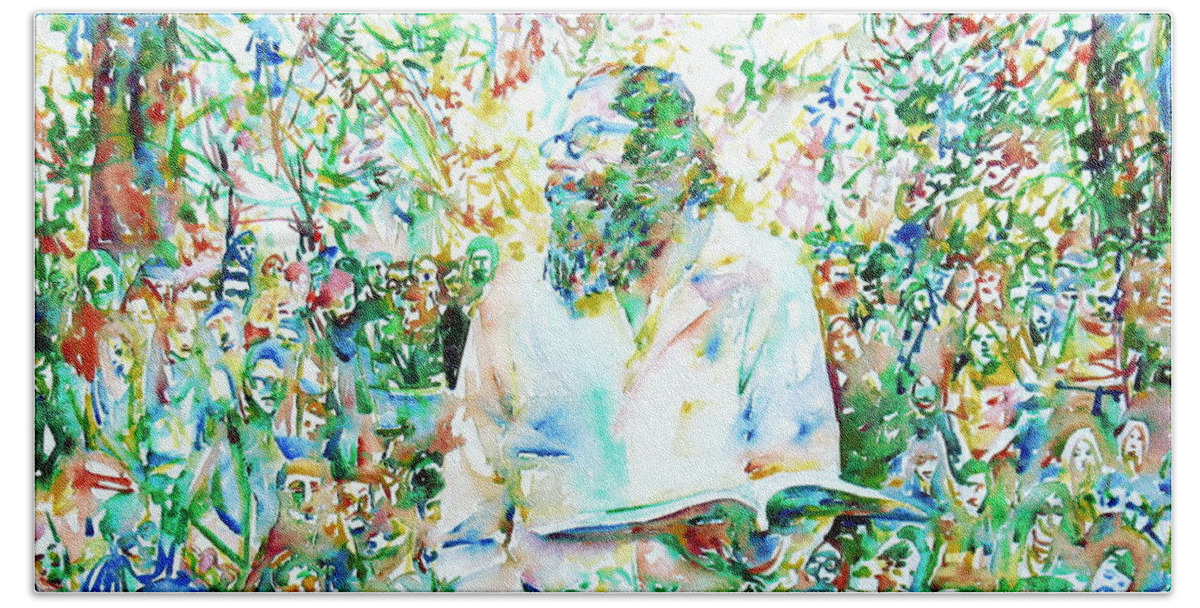 Allen Beach Towel featuring the painting ALLEN GINSBERG reading at the park by Fabrizio Cassetta