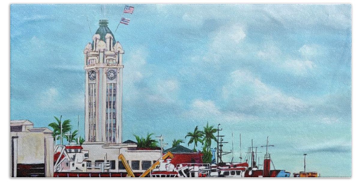 Aloha Beach Towel featuring the painting Aloha Tower by Larry Geyrozaga