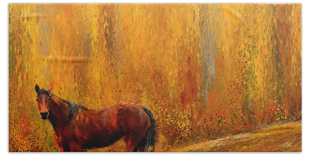 Bay Horse Paintings Beach Towel featuring the painting Alone In Grandeur- Bay Horse Paintings by Lourry Legarde