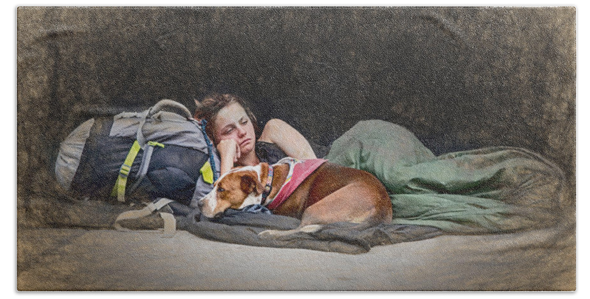 Appalachia Beach Towel featuring the mixed media Alone with Her Dog by John Haldane