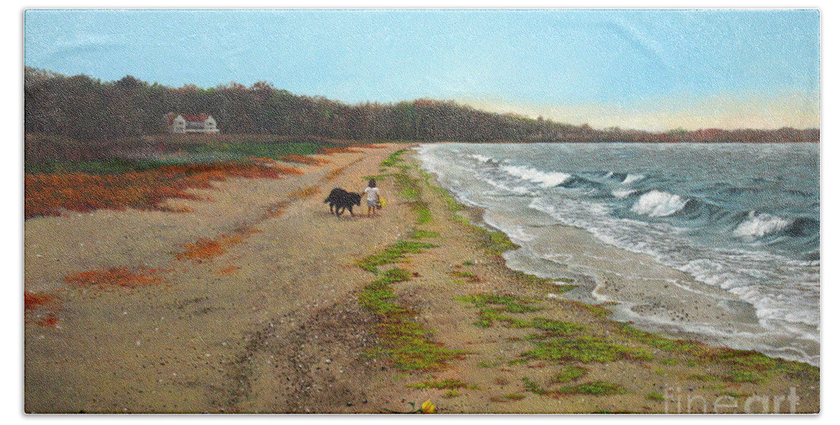 Beach Beach Towel featuring the painting Along the shore in Hyde Hole Beach Rhode Island by Christopher Shellhammer