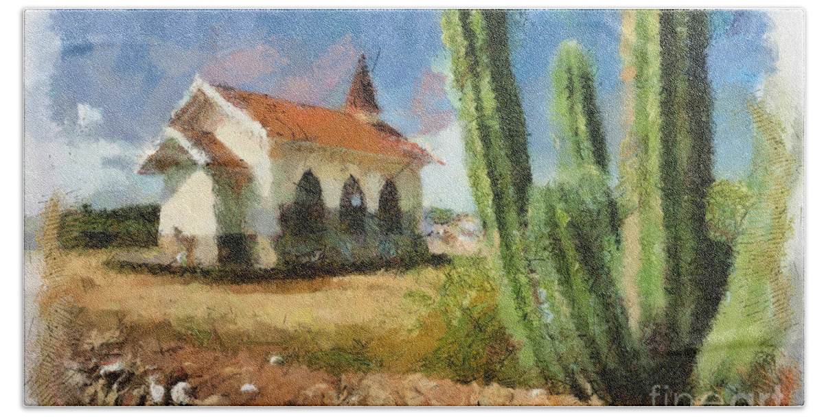 Alto Vista Chapel Beach Towel featuring the digital art Alto Vista Chapel Aruba by Amy Cicconi