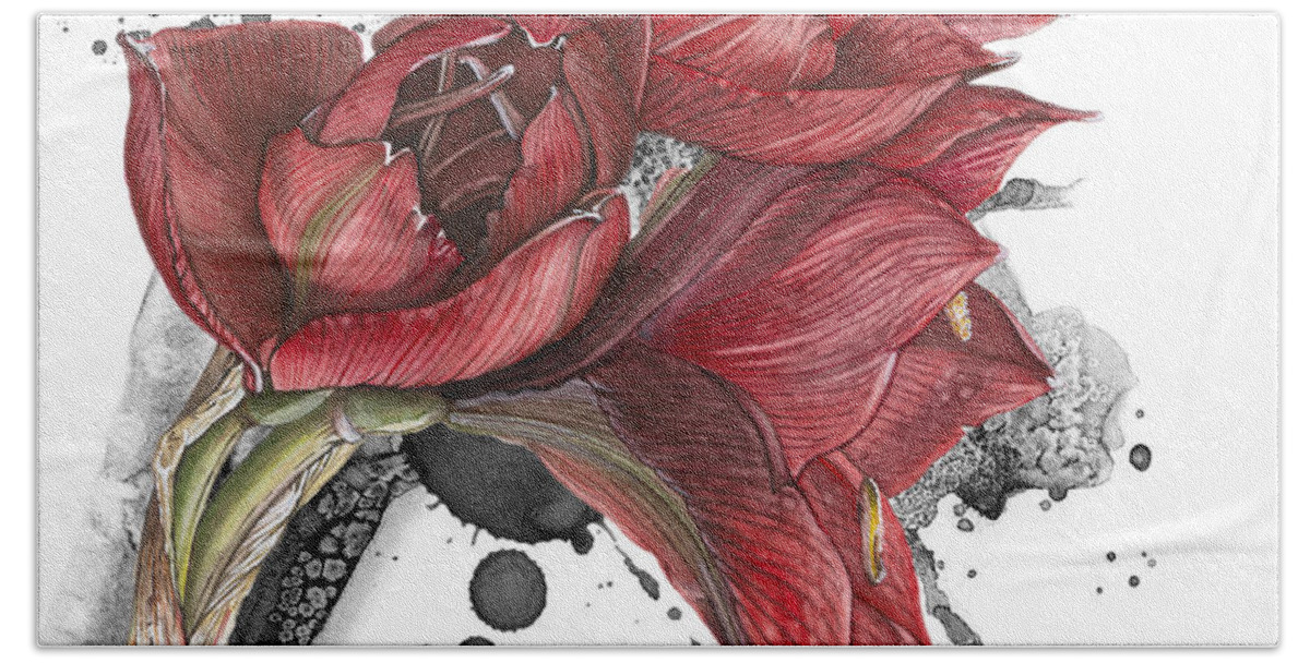 Amaryllis Beach Towel featuring the painting Amaryllis Flowers - 2. - Elena Yakubovich by Elena Daniel Yakubovich