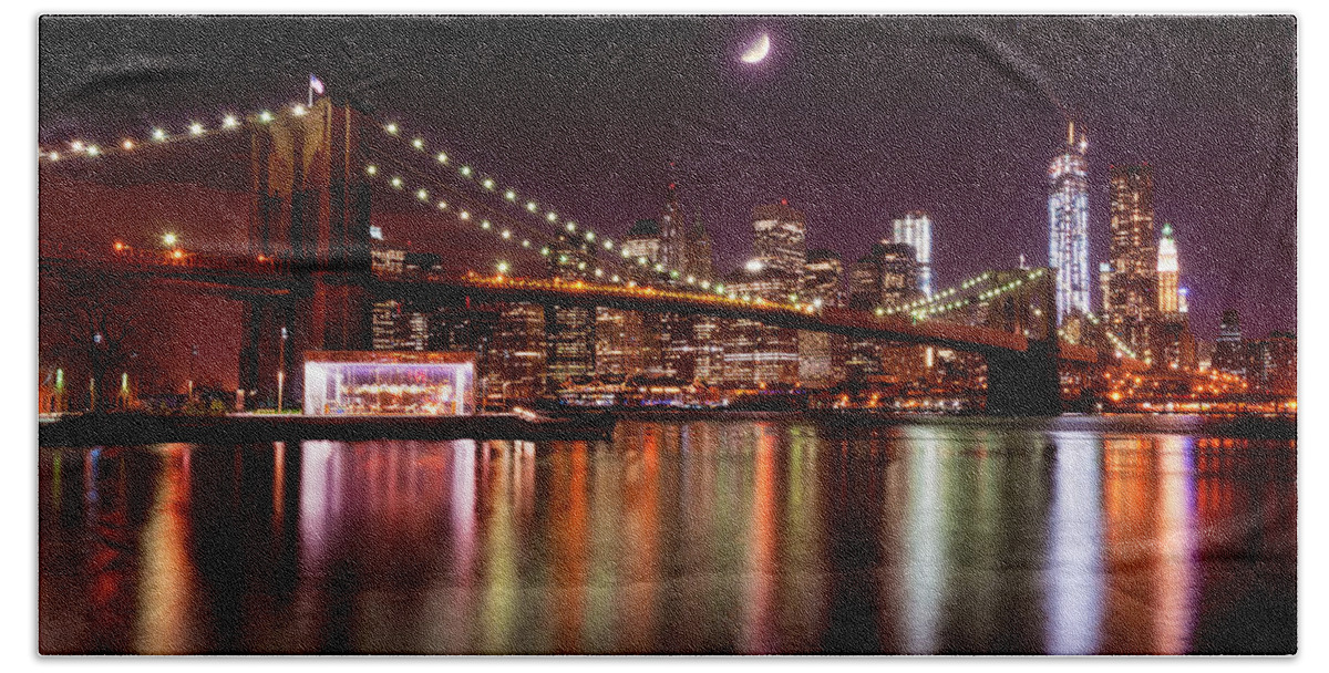 America Beach Towel featuring the photograph Amazing New York Skyline and Brooklyn Bridge with Moon Rising by Mitchell R Grosky