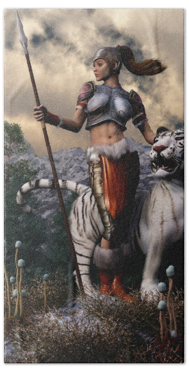 Warrior Girl Beach Towel featuring the digital art Amazon and White Tiger by Kaylee Mason