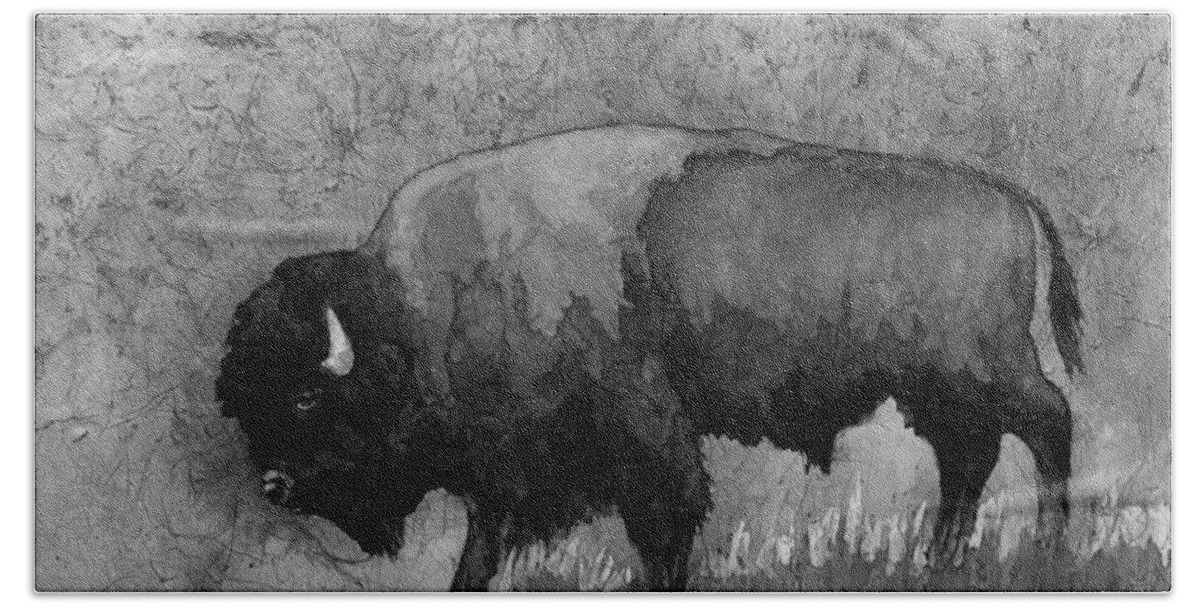Bison Beach Towel featuring the painting American Buffalo 3 in Black and White by Hailey E Herrera