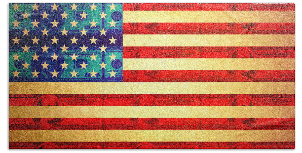 Aged Beach Sheet featuring the digital art American money flag by Steve Ball