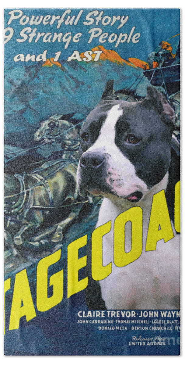Ast Beach Towel featuring the painting American Staffordshire Terrier Art Canvas Print - Stagecoach Movie Poster by Sandra Sij