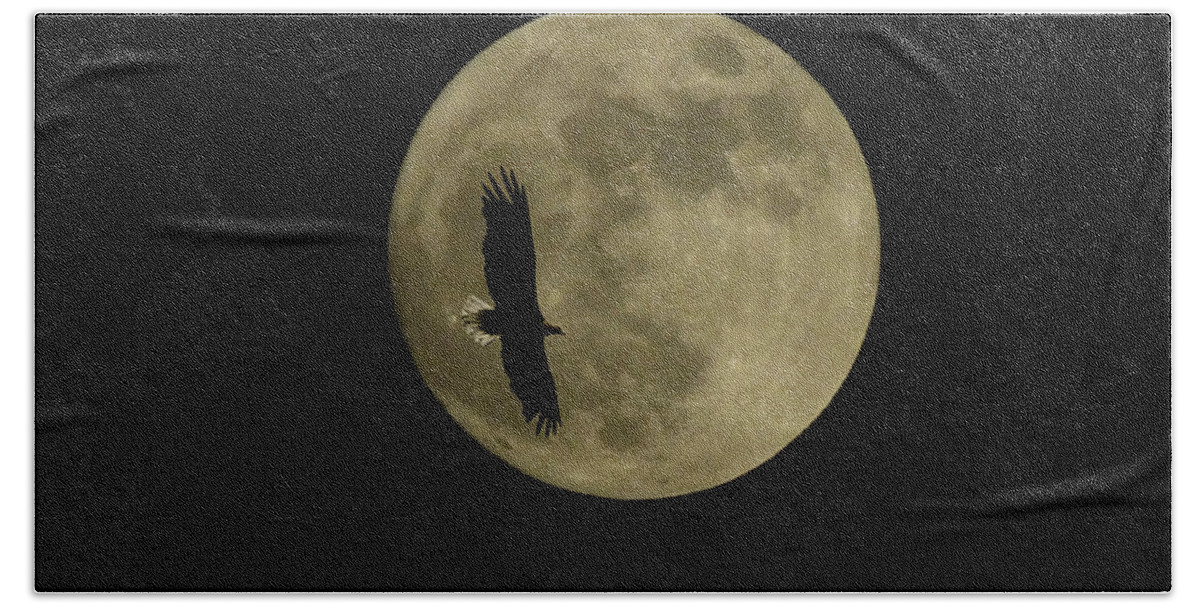 The Moon Beach Towel featuring the photograph An eagle and the moon by Mark Alan Perry