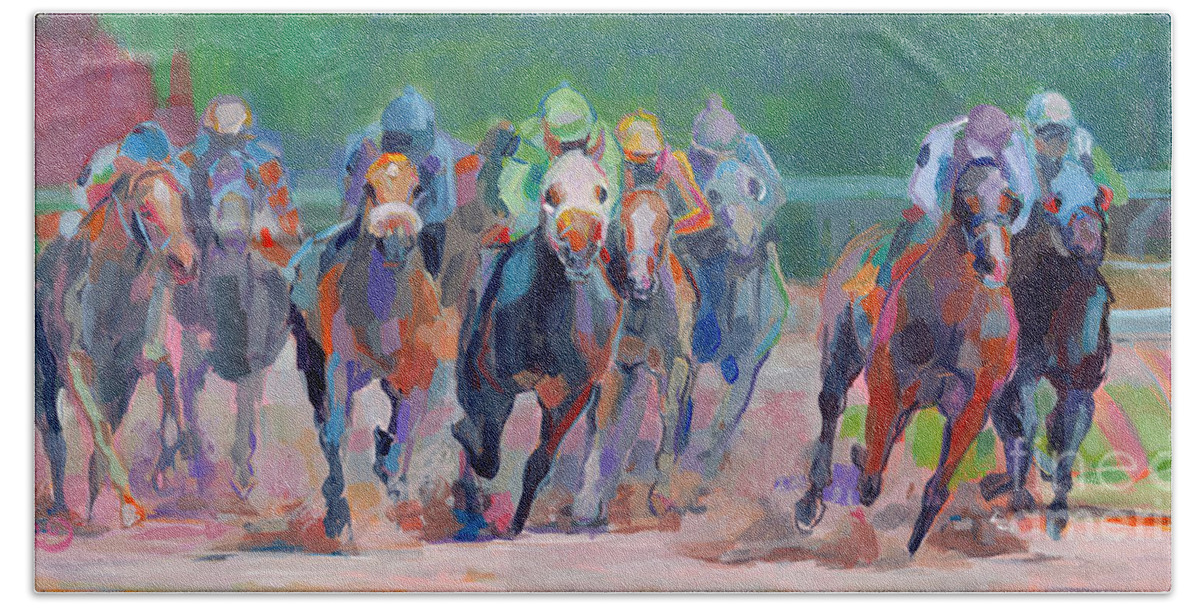 Saratoga Beach Towel featuring the painting And Down the Stretch They Com by Kimberly Santini