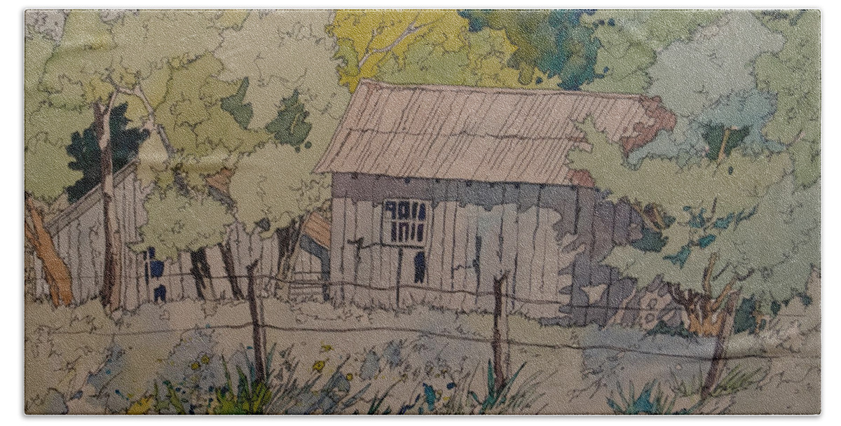 Barns Beach Towel featuring the painting Anderson Barns by Terry Holliday