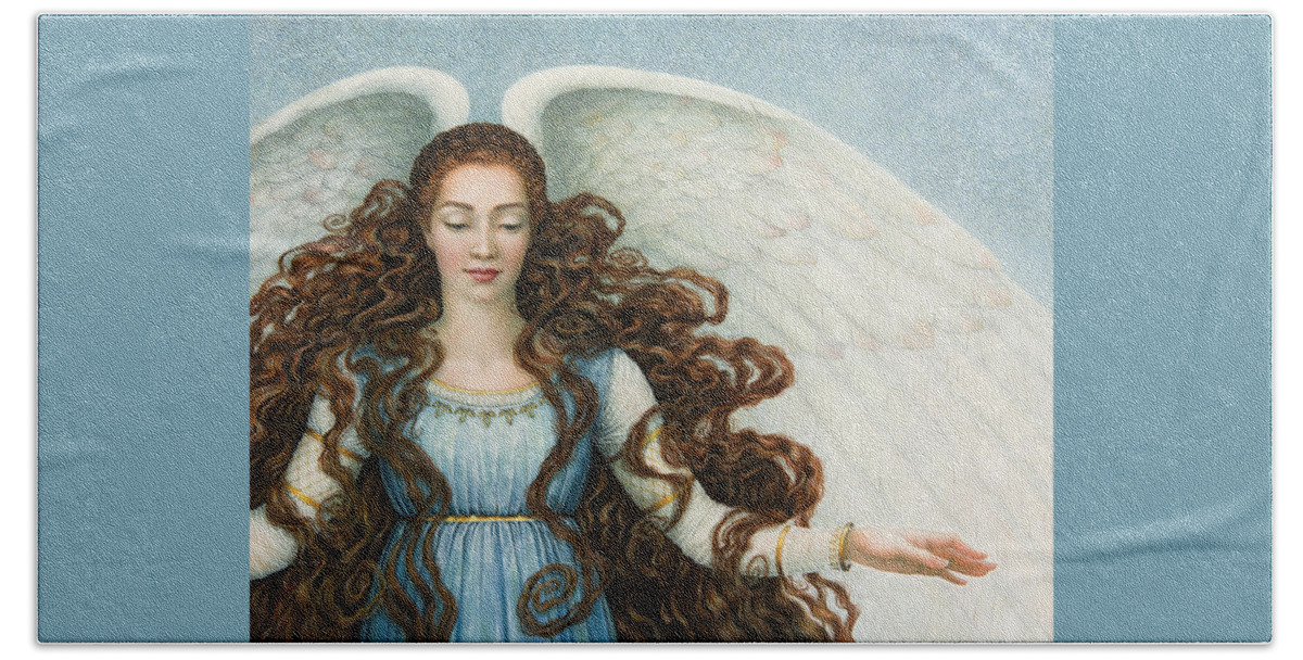 Angel Beach Towel featuring the painting Angel in a Blue Dress by Lynn Bywaters