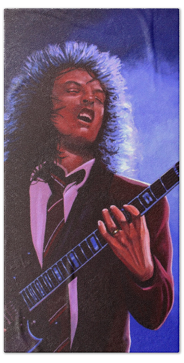 Angus Young Beach Towel featuring the painting Angus Young of AC / DC by Paul Meijering