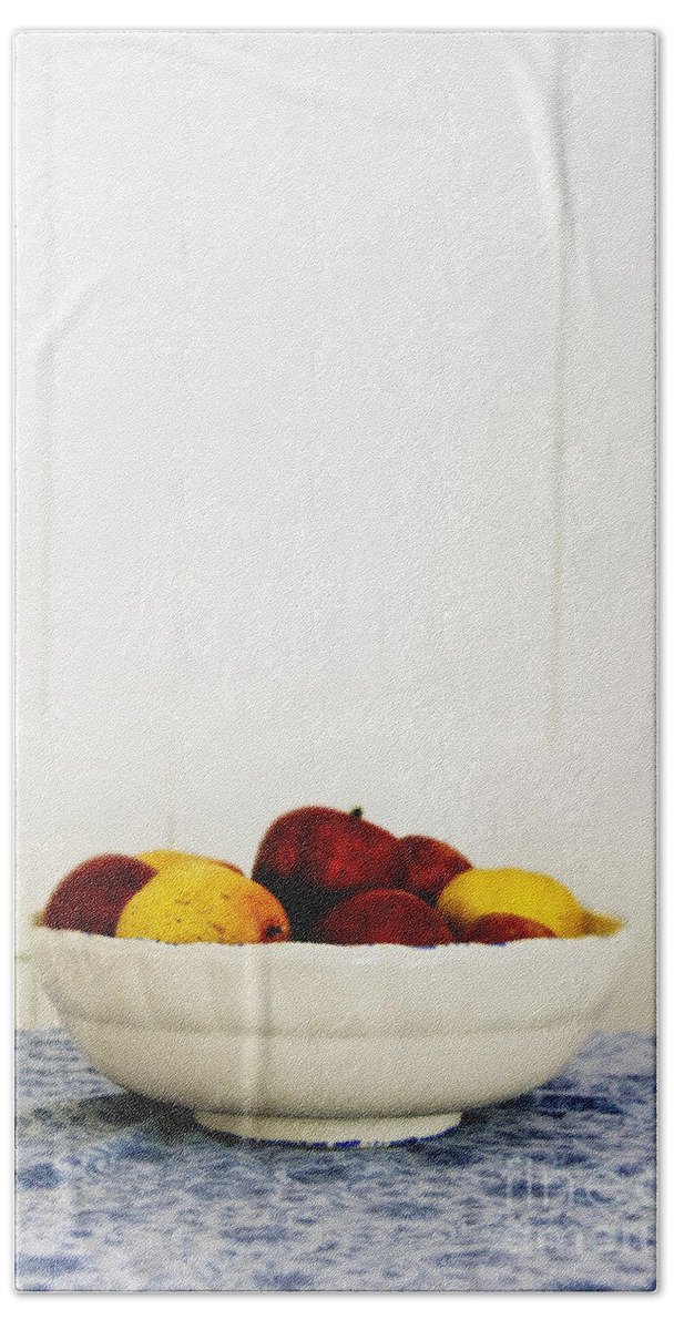 Fruit; Bowl; Still Life; Table; Table Cloth; Bowl Of Fruit; Fresh; Food; Kitchen; Old; Apples; Red; Yellow; Inside; Indoors; White; Blue; Minimal; Minimalism; Wall; Wood Beach Towel featuring the photograph Apples by Margie Hurwich