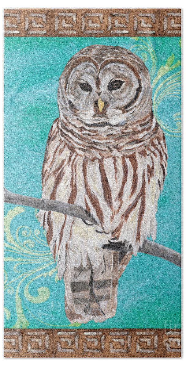 Owl Beach Towel featuring the painting Aqua Barred Owl by Debbie DeWitt