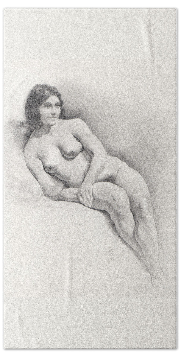 Female Nude Beach Towel featuring the drawing Art Model Lounging on Her Right Side by Scott Kirkman