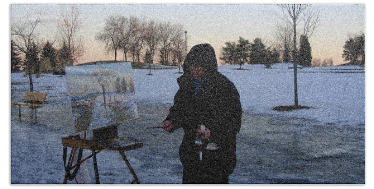 Ylli Haruni Beach Towel featuring the photograph Artist at Work lake shore mississauga on by Ylli Haruni