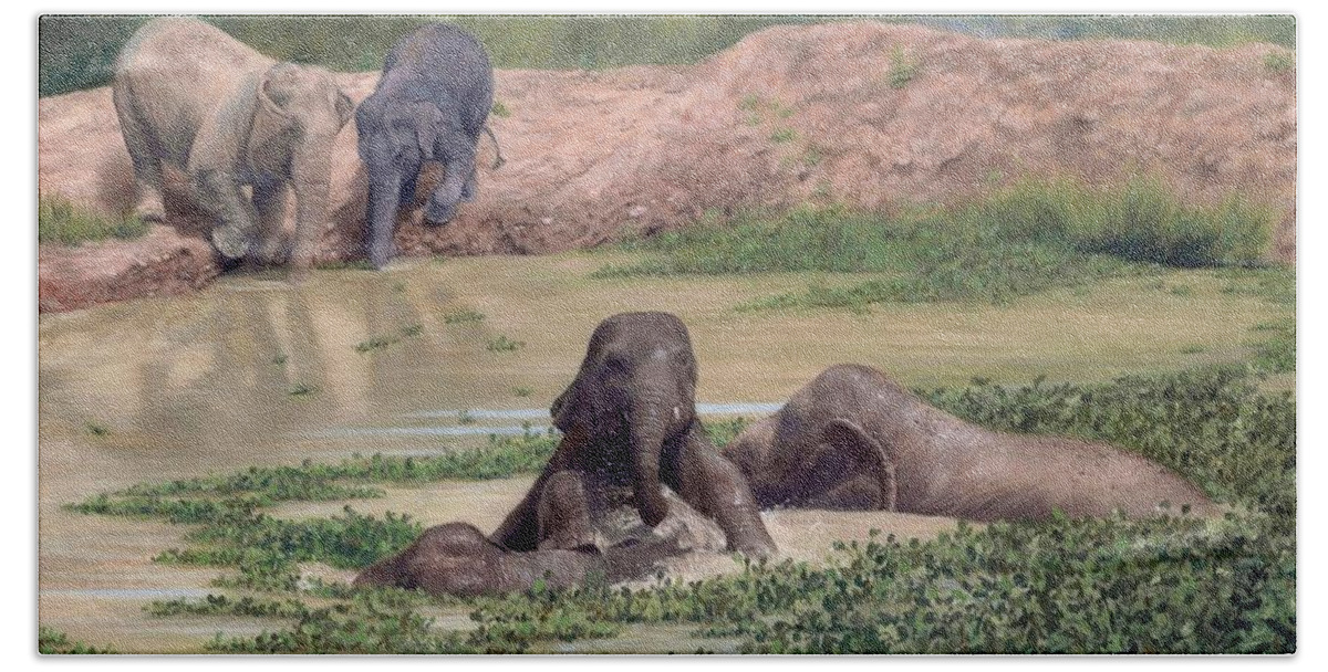 Elephant Beach Sheet featuring the painting Asian Elephants - In support of Boon Lott's Elephant Sanctuary by Rachel Stribbling