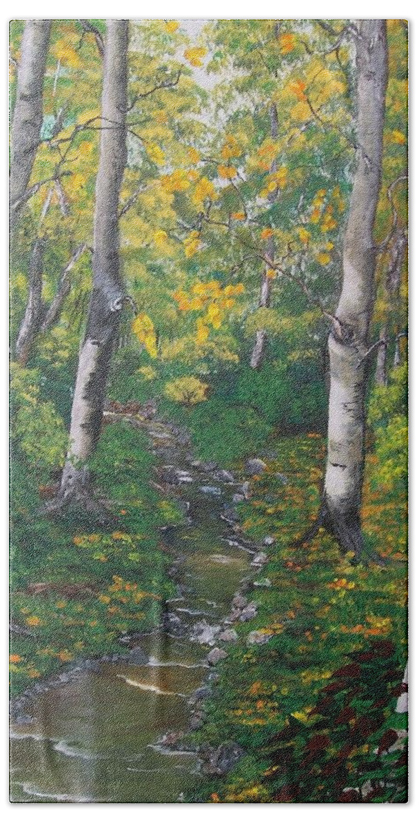Wilderness Beach Towel featuring the painting Aspens in the Fall by Sharon Duguay