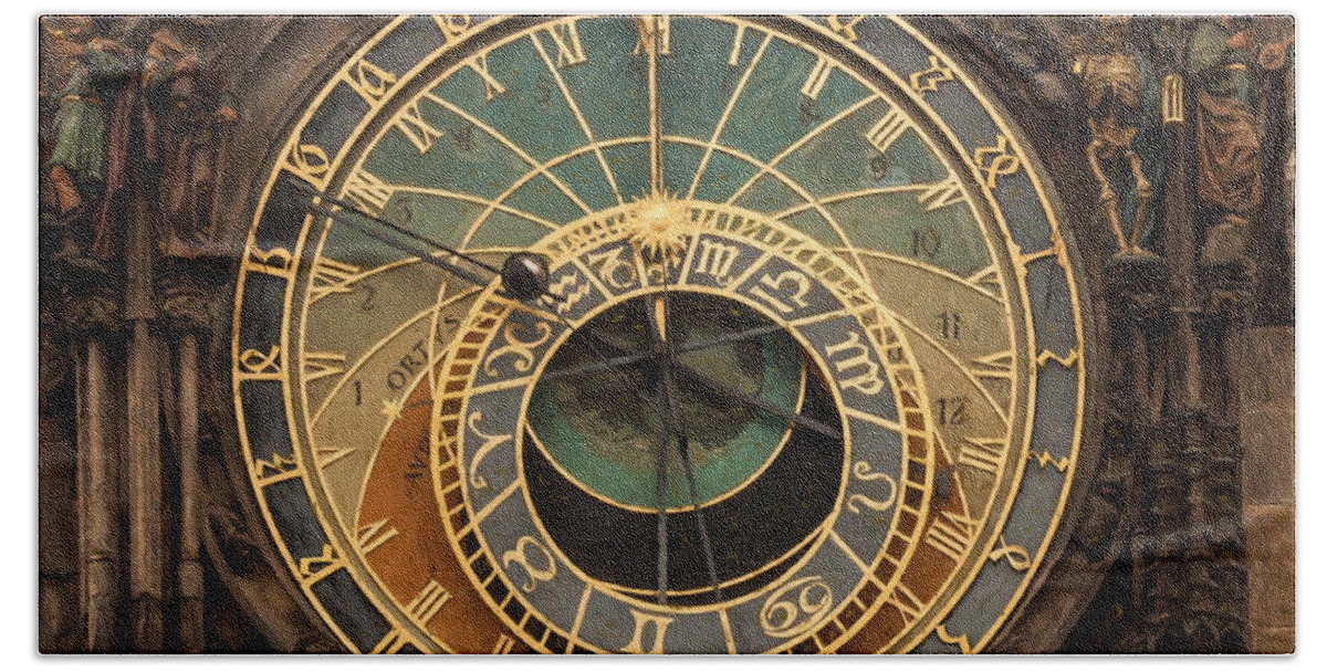 Astronomical Clock Beach Towel featuring the photograph Astronomical Clock by Shirley Radabaugh