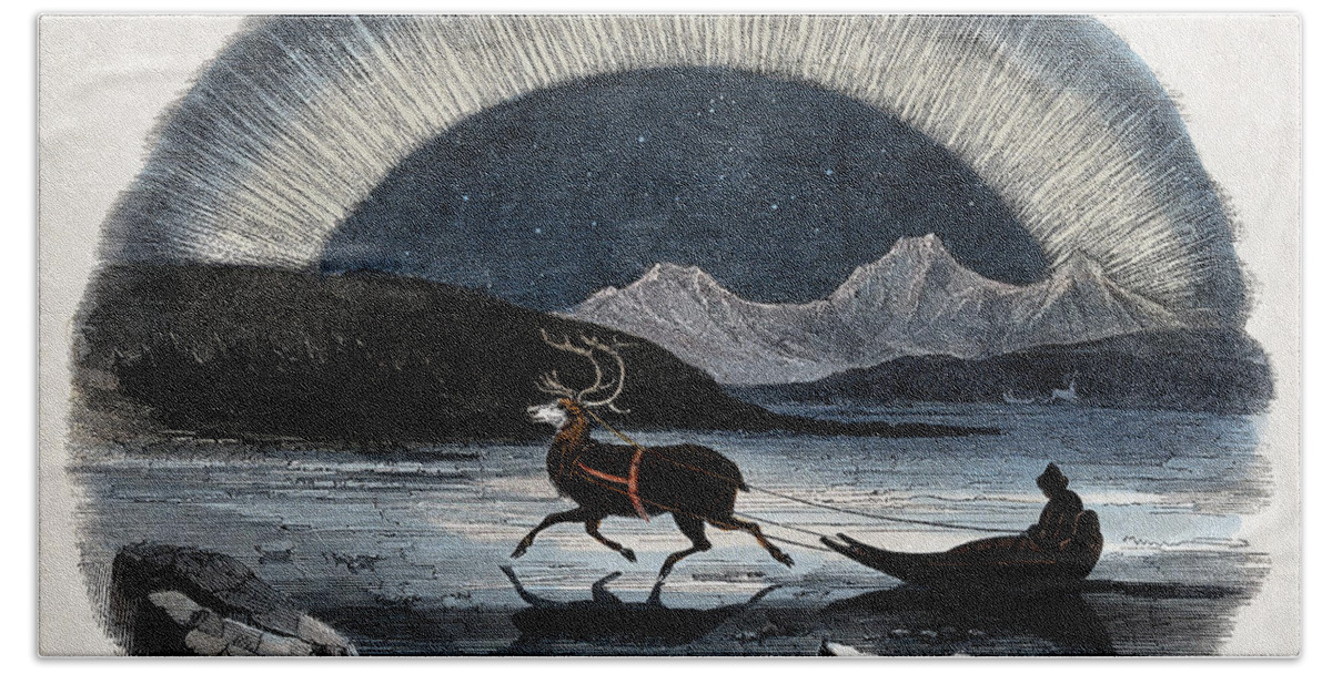 Historic Beach Towel featuring the photograph Aurora Borealis And Reindeer-Drawn Sled by Wellcome Images