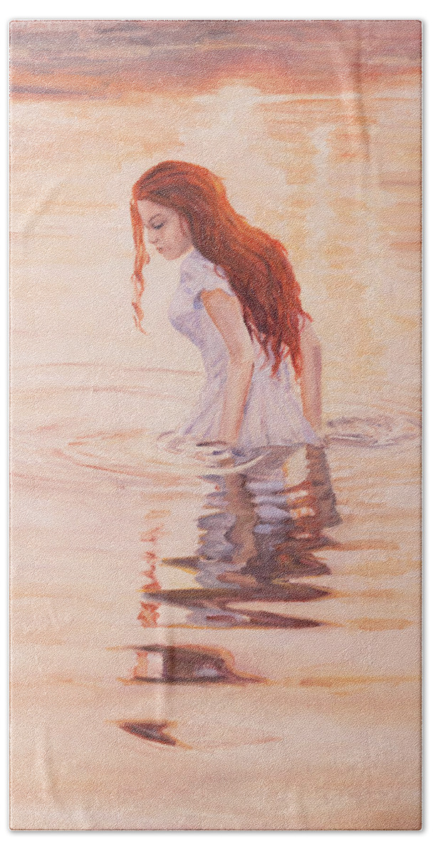 Water Girl Sunrise Bath New Day Reflection Red Hair Beach Towel featuring the painting Aurora by Marco Busoni