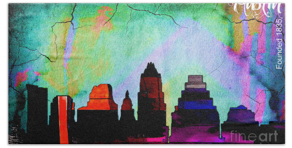 Austin Art Beach Towel featuring the mixed media Austin Texas Skyline Watercolor by Marvin Blaine