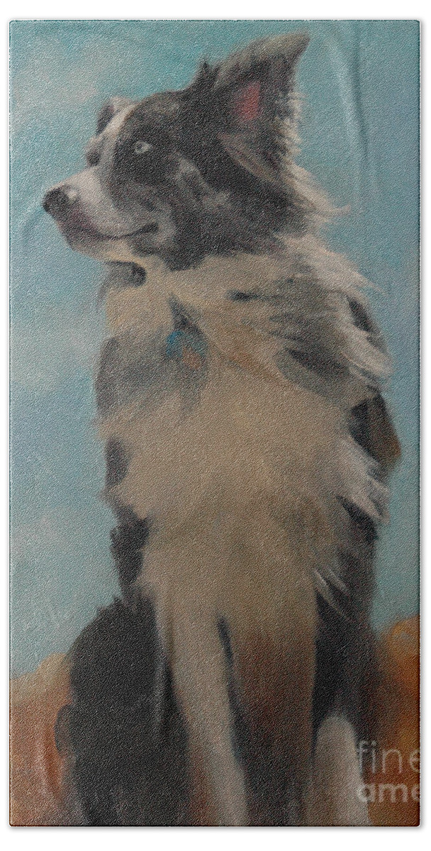 Australian Shepherd Beach Towel featuring the painting Australian Shepherd in Desert by Pet Whimsy Portraits
