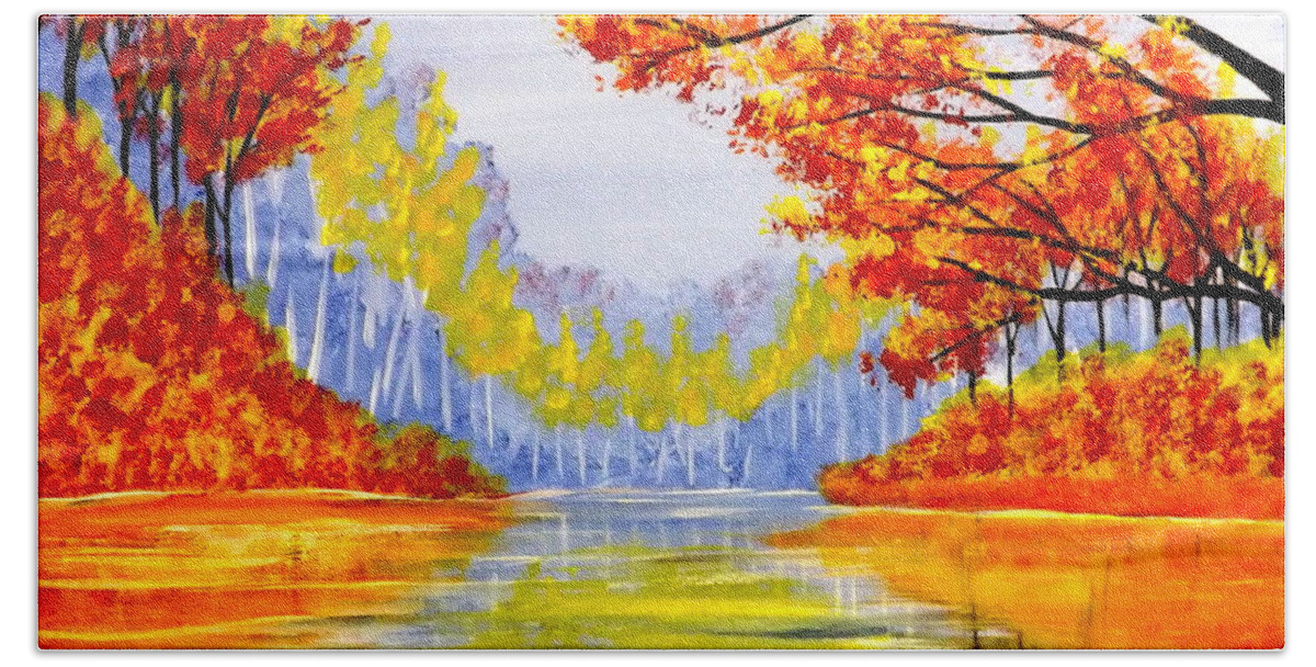 Autumn At The Lake Beach Towel featuring the painting Autumn at the Lake by Darren Robinson