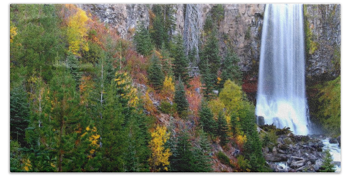 Fall Color Landscape Beach Sheet featuring the photograph Autumn Colors Surround Tumalo Falls by Kevin Desrosiers