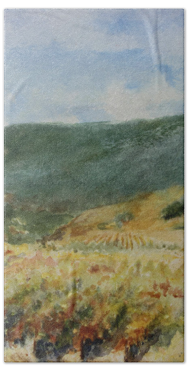 Autumn In The Vineyards Beach Towel featuring the painting Harvest Time In Napa Valley by Maria Hunt