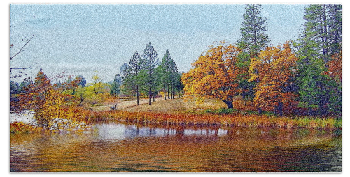 Autumn Beach Sheet featuring the photograph Autumn Lake In The Woods by Joyce Dickens