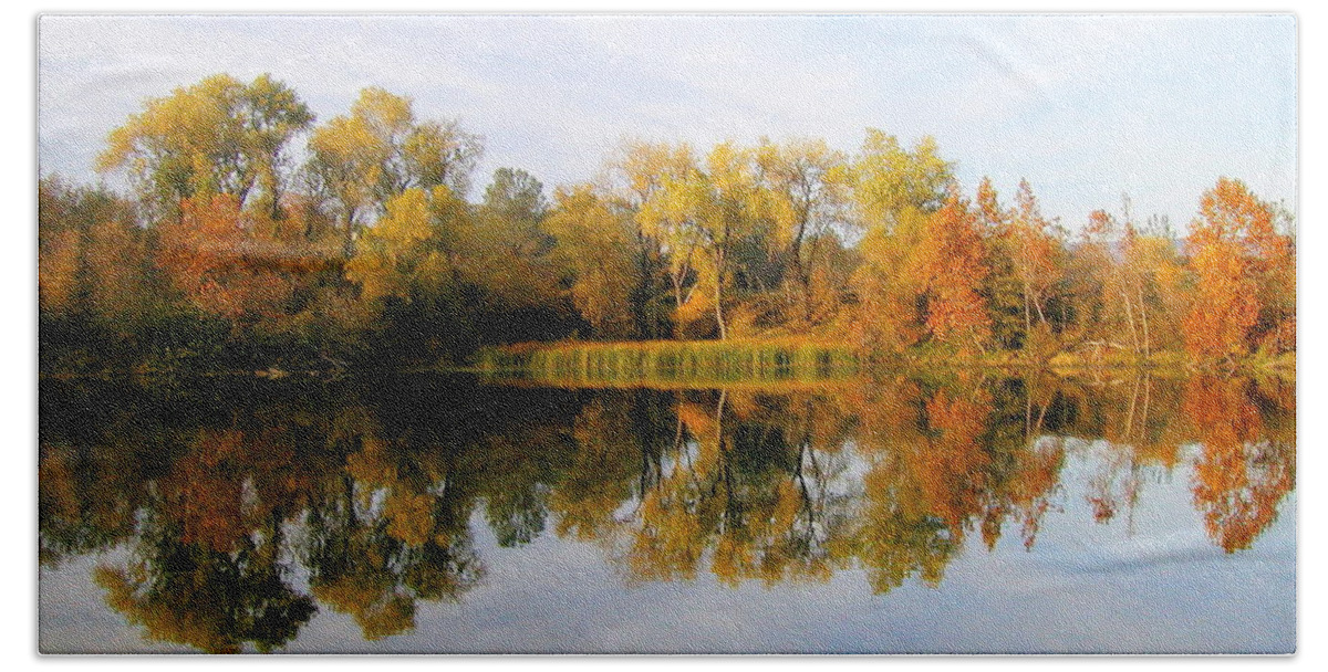 Scenic Beach Towel featuring the photograph Autumn Reflections by AJ Schibig