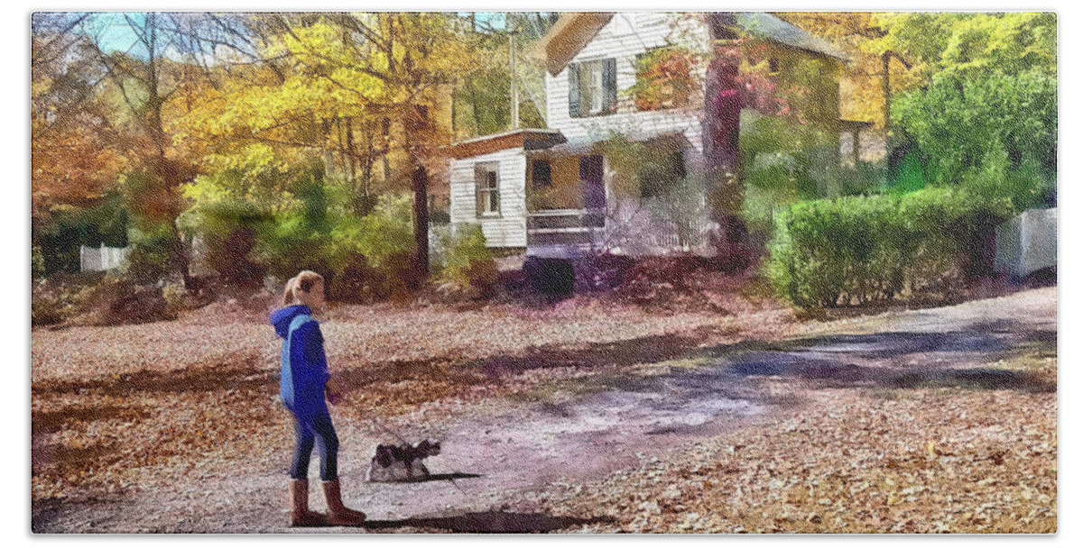 Dog Beach Towel featuring the photograph Autumn - Walking the Dog by Susan Savad