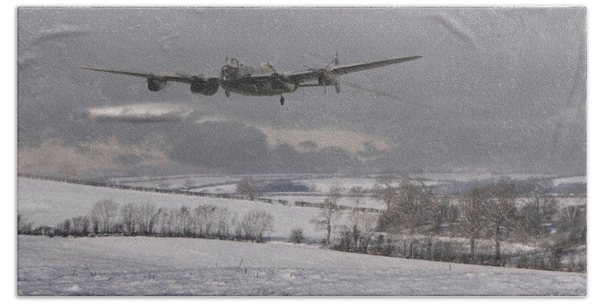 Aircraft Beach Towel featuring the digital art Avro Lancaster - Limping Home by Pat Speirs