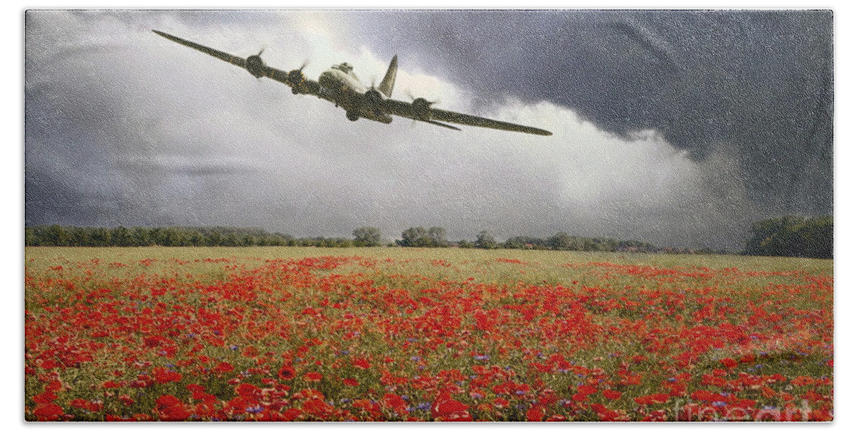 B-17 Flying Fortress Beach Towel featuring the digital art B-17 Poppy Pride by Airpower Art