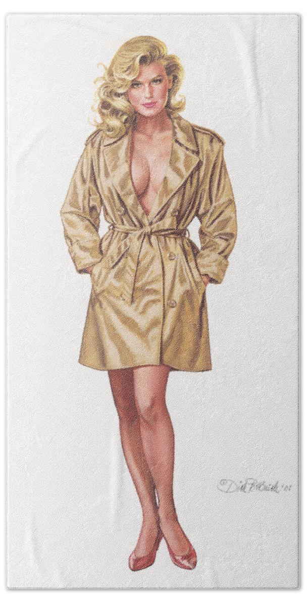 Pinups Beach Towel featuring the painting Babe In Trenchcoat by Dick Bobnick