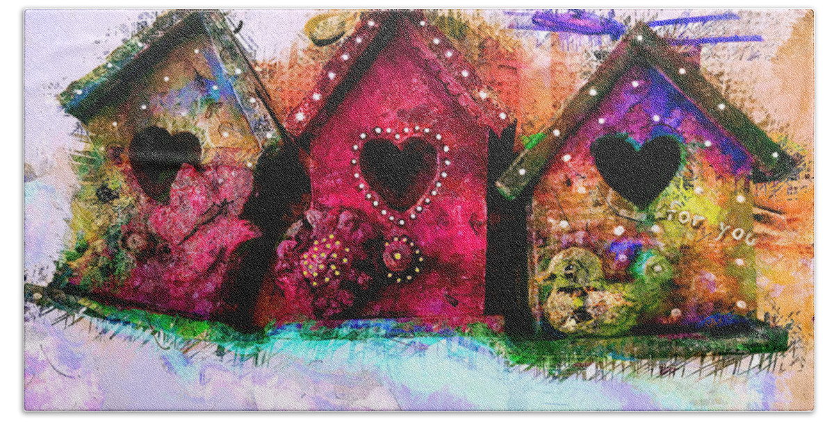 Birdhouse Beach Sheet featuring the mixed media Baby Birdhouses by Claire Bull