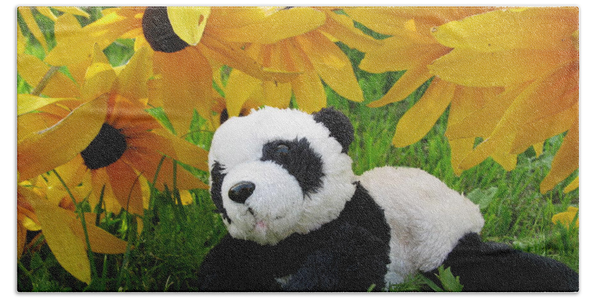 Baby Panda Beach Towel featuring the photograph Baby panda under the golden sky by Ausra Huntington nee Paulauskaite