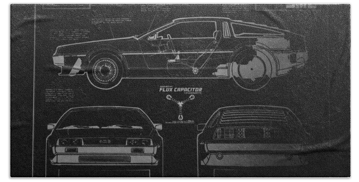 Delorean Beach Towel featuring the photograph Back to the Future DeLorean Blueprint 1 by Tommy Anderson
