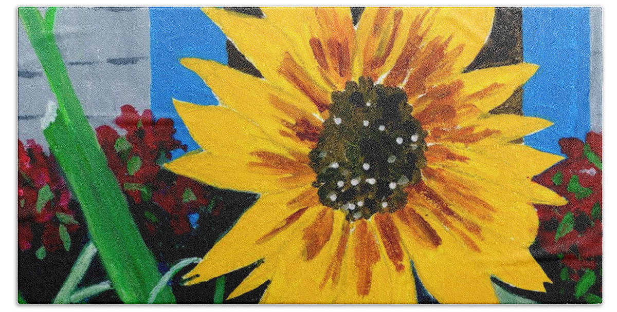 Sunflowers Beach Sheet featuring the painting Backyard Flowers by Adele Bower