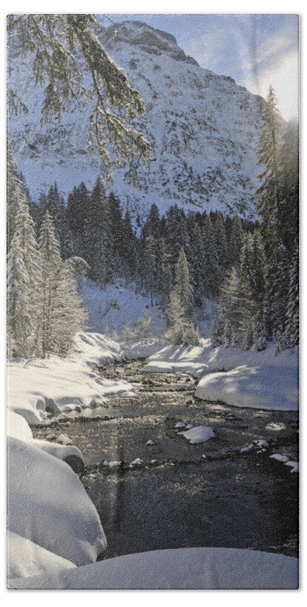 Winter Beach Towel featuring the photograph Baergunt valley Kleinwalsertal Austria in winter by Matthias Hauser