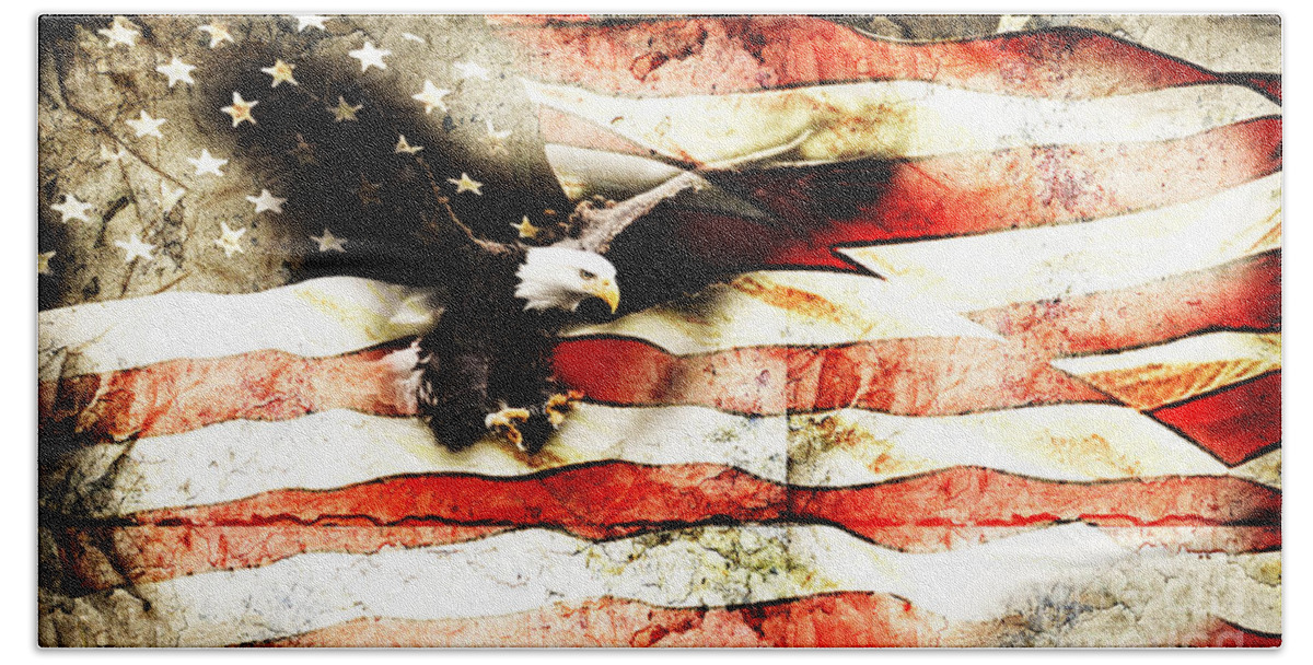 Memorial Day Beach Towel featuring the photograph Bald Eagle Bursting Thru Flag by Eleanor Abramson